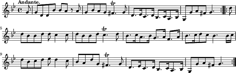 { \relative g' { \key g \minor  \time 4/4 \partial 8 \tempo "Andante."
 g8 | g d d bes' bes a r a | g bes a g fis4.\trill g8 | %eol1
 d8.[ ees16 c8. d16] bes8.[ c16 a8. bes16] |
 g8 g' a fis g4. \bar ":|.|:" d'8 | \break %end line 2
 d bes bes d d c4 c8 | d bes bes d c4.\trill d8 |
 bes8.[ c16 a8. bes16] g8. a16 f8.[ a16] | %end line 3
 bes8.[ c16 d8 c] bes4. bes16 c | d8 bes c d ees d4 c8 |
 bes8 a d g, fis4.\trill g8 | %end line 4
 d8.[ ees16 c8. d16] bes8.[ c16 a8. bes16] | g8 g' a fis g4. \bar ":|." } }