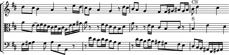 \new ChoirStaff << \override Score.TimeSignature #'stencil = ##f \override Score.BarNumber #'break-visibility = #'#(#f #f #f)
\new Staff \relative d'' { \key d \major \time 4/4
d8 cis b4 a r8 e'16 d | cis8 b a4 g r8 d'16 cis |
b8 a g4 fis8 fis16 gis ais8 gis16 ais | b8^"CS" d4 cis s8 }
\new Staff \relative a' { \clef alto \key d \major
a8 e ~ e16 fis e d cis d b cis a e' fis gis |
a8 r r fis16 e d8 cis b d |
g r r e16 d cis8 b cis r | b4^"S" e d }
\new Staff \relative f { \clef bass \key d \major
fis16 gis a4 gis8 a e a, r |
r e''16 d cis8 d16 cis b8 a g4 |
r8 d'16 cis b8 cis16 b ais8 gis fis e |
d cis16 b ais fis gis ais s4 } >>