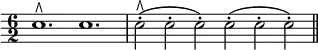{ \time 6/2 \override Score.Clef #'stencil = ##f \clef bass
e1.^\rtoe e | e2-.(^\rtoe e-. e-.) e-.( e-. e-.) \bar "||" }