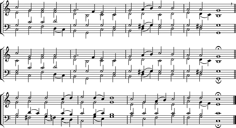 \new ChoirStaff <<
\new Staff { \clef treble \time 4/2 \key c \major \set Staff.midiInstrument = "church organ" \omit Staff.TimeSignature \set Score.tempoHideNote = ##t \override Score.BarNumber #'transparent = ##t
\relative c''
<< { c2 g a a | g2. f4 e2 c | g' a4( b) c2 b | a a g1 \breathe \bar"||" \break
c2 g a a | g2. f4 e2 c | g' a4( b) c2 b | a a g1 \fermata \bar"||" \break
d'2 d d c4( d) | e2 d4( c) d1 | c2 g a4( b) c2 | d d c1 \fermata \bar"|." } \\
{ e,2 g f f | d b c c | d d c d | e d4( c) b1
c2 e f f | d b c c | d d c d | e d4( c) b1
g'2 a g g | g g g1 | e2 g f e | a g4( f) e1 } >>
}
\new Staff { \clef bass \key c \major \set Staff.midiInstrument = "church organ" \omit Staff.TimeSignature
\relative c'
<< { g2 c c d | g, g g e | g fis4( g) g2 g | g fis g1
g2 c c d | g, g g e | g fis4( g) g2 g | g fis g1
b2 d4( c) b2 c4( b) | c2 b4( c) b1 | c2 c c c | c b c1 } \\
{ c,2 e f d4( c) | b2 g c c | b d4( g) e2 d | c d g,1
e'2 c f d4( c) | b2 g c c | b d4( g) e2 d | c d g,1 \fermata
g'2 fis g4( f) e( d) | c2 g'4( e) g1 | a2 e f a | f g c,1 \fermata} >>
}
>>
\layout { indent = #0 }
\midi { \tempo 2 = 66 }