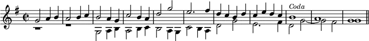 { \time 2/2 \key g \major << \relative g' { g2 a4 b | a2 b4 c | b2 a4 g | c2 b4 a | d2 g | e2. fis4 | d c b d | c e d c | b1^\markup { \smaller \italic Coda } | a | g \bar "||" } \\ \relative g { r1 | r | g2 a4 b | a2 b4 c | b2 a4 g | c2 b4 a | d2 g | e2. fis4 | d2 g ~ | g fis |g1 } >> }