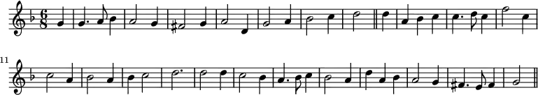 
\header {
  tagline = ""  %% removes "Music engraving by LilyPond 2.18.2—www.lilypond.org" footer, which unsurprisingly was not in the 1651 ed.
}

\new Staff { \time 6/8 \key f \major \clef treble \partial 4
  \relative c'' { 
       g4 \bar "|" g4. a8 bes4 a2 g4 fis2 g4 a2 d,4 g2 a4 bes2 c4 d2 \bar "||" 
       d4 \bar "|" a4 bes4 c4 c4. d8 c4 f2 | c4 c2 a4 bes2 a4 bes4 c2 d2. d2 
       d4 c2 bes4 a4. bes8 c4 bes2 a4 d4 a4 bes4 a2 g4 fis4. e8 fis4 g2 \bar "||"
  }
}
  \midi { \tempo 2 = 120  \set Staff.midiInstrument = "pan flute" }
  %%please feel free to change instrument to something else, see https://lilypond.org/doc/v2.21/Documentation/notation/midi-instruments
  \layout { }
