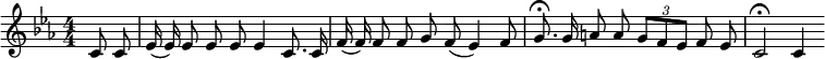 
    \relative c' {
    \key ees \major \time 4/4
    \numericTimeSignature
    \override Score.BarNumber #'break-visibility = #'#(#f #f #f)
    \autoBeamOff
    \partial 4 c8 c
    ees16( ees) ees8 ees ees ees4 c8. c16
    f16( f) f8 f g f( ees4) f8
    g8.\fermata g16 a8 a
    \times 2/3 { g8[ f ees] } f ees
    c2\fermata c4
	}
