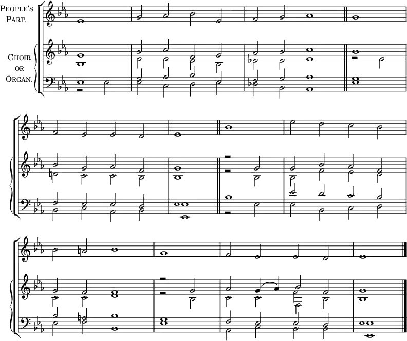 
\new ChoirStaff <<
  \new Staff \with {
    instrumentName = \markup {
      \center-column { \smallCaps "People's"
        \line { \smallCaps "Part." }
      }
    }
  } { 
    \clef treble
    \time 4/2
    \partial 1
    \key es \major
    \set Staff.midiInstrument = "choir aahs"
    \omit Staff.TimeSignature
    \set Score.tempoHideNote = ##t
    \override Score.BarNumber #'transparent = ##t 
    \relative c'
      { es1 | g2 aes bes es, | f g aes1 \bar"||" \time 2/2 g | \break
      \time 4/2 f2 es es d | es1 \bar"||" bes' | es2 d c bes | \break
      bes a  bes1 \bar"||" \time 2/2 g | \time 4/2 f2 es es d | es1 \bar"|."} 
      } 
  \new PianoStaff \with {
    instrumentName = \markup {
      \center-column { \smallCaps "Choir"
        \line { \smallCaps "or" }
        \line { \smallCaps "Organ." }
      }
    }
  } <<
    \new Staff = "staff" {
      \clef treble
      \key es \major
      \set Staff.midiInstrument = "church organ"
      \omit Staff.TimeSignature
      \relative c''
        << { g1 | bes2 c f, g | aes bes c1 | bes |
           bes2 g aes f | g1 r2 g | g bes aes f |
           g f f1 | r2 g | aes g4( aes) bes2 f | g1 }
  \\
        { bes,1 | es2 es d bes | des des es1 | r2 es |
        d! c c bes | bes1 r2 bes | bes f' es  d |
        c c d1 | r2 bes | c c f, bes | bes1 } 
  \\
        \tiny \stemDown {s1 | s s | s s | s s |
               s s | s s | s s | s |
               s s | f'2 } >>
      } 
    \new Staff {
      \clef bass
      \key es \major
      \set Staff.midiInstrument = "church organ"
      \omit Staff.TimeSignature
      \relative c
        << { es1 | g2 aes bes es, | f g aes1 | g |
           f2 es es d | es1 bes' | es2 d c bes |
           bes a bes1 | g | f2 es es d | es1 }
  \\
        { r2 es | es c d es | des bes aes1 | es' |
        bes2 c aes bes | es,1 r2 es' | es bes c d |
        es f bes,1 | es | aes,2 c bes bes | es,1 }
  \\
        \tiny \stemDown {s1 | s s | s s | s s |
               s es' | s s | s s | s s |
               s s | es } >>
      }
>> >>
\layout { indent = #12 }
\midi { \tempo 2 = 66 }
