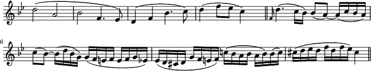 { \override Score.TimeSignature #'stencil = ##f \time 4/4 \key bes \major \relative d'' { d2\( a bes f4. ees8\) d4( f bes4. c8) d4( f8 ees c4) s \bar "||" \grace f,32 d'4.( c16 bes) bes8( a) ~ a16( c bes a) c8( bes) ~ bes16( d bes g) g( f e f e f g ees) ees( d cis d g f e f) c'!( bes a bes a bes) bes( c) cis( d ees d f d f ees) cis4 \bar "||" } }