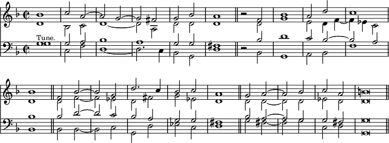 { << \new Staff <<
\new Voice \relative b' { \omit Score.BarNumber \key d \minor \time 2/2 \stemUp
bes1 | c2 a ^~ | a g ^~ | g fis | g bes | %end line 1
a1 \bar "||" r2 f | bes1 | a2 d | c1 | bes \bar "||" %end line 2
f2 bes ^~ | bes g | d'2. c4 | bes2 c | a1 \bar "||" %end line 3
g2 a ^~ | a bes | c a | b\breve*1/2 \bar "||" }
\new Voice \relative d ' { \stemDown
d1 | bes2 c | d1 _~ | d2 a | d d | %end line 1
d1 | r2 d | g1 | e2 d4 f _~ | f ees c2 | d1 | %end line 2
d2 f _~ | f ees | d fis | g ees | d1 %end line 3
d2 d _~ | d d | ees d | d\breve*1/2 } >>
\new Staff <<
\new Voice \relative g { \clef bass \key d \minor \stemUp
g1^\markup \small "Tune." | g2 a | bes1 a | g2 g | %end line 1
fis1 | r2 bes | d1 | c2 bes ^~ | bes a | bes1 | %end line 2
bes2 d ^~ | d c | bes a | g g | fis1 | %end line 3
bes2 a ^~ | a g | g fis | g\breve*1/2 }
\new Voice \relative g { \stemDown
g1 | c,2 f | d1 _~ | d2. c4 | bes2 g | %end line 1
d'1 | r2 bes | g1 | a2 bes | f'1 | bes, | %end line 2
bes2 bes _~ | bes c | g d' | ees c | d1 | %end line 3
g2 fis _~ | fis g | c, d | g,\breve*1/2 } >> >> }