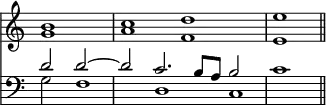 << \override Score.TimeSignature #'stencil = ##f \time 4/2 \new Staff << \new Voice { \partial 1 \relative b' { \stemUp b1 | c d | e \bar "||" } } \new Voice { \relative g' { \stemDown g1 | a f | e } } >>
\new Staff { \clef bass << \new Voice { \relative d' { \stemUp d2 d ^~ | d c2. b8 a b2 | c1 } } \new Voice { \stemDown g2 | f1 d | c } >> } >>
