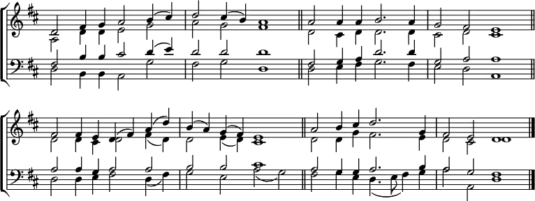 \new ChoirStaff <<
\new Staff { \clef treble \time 4/2 \key d \major \set Staff.midiInstrument = "church organ" \omit Staff.TimeSignature \set Score.tempoHideNote = ##t \override Score.BarNumber #'transparent = ##t
\relative c'
<< { d2 fis4 g a2 b4( cis) | d2 cis4( b) a1 \bar"||" a2 a4 a b2. a4 | g2 fis e1 \bar"||" \break
fis2 fis4 e d( fis) a( d) | b( a) g( fis) e1 \bar"||" a2 b4 cis d2. g,4 | fis2 e d1 \bar"|."} \\
{ a2 d4 d e2 g | a g fis1 | d2 cis4 d d2. d4 | cis2 d cis1 |
d2 d4 cis d2 fis4( d) | d2 e4( d) cis1 | d2 d4 g fis2. e4 | d2 cis d1 } >>
}
\new Staff { \clef bass \key d \major \set Staff.midiInstrument = "church organ" \omit Staff.TimeSignature
\relative c
<< { fis2 b4 b cis2 d4( e) | d2 d d1 | fis,2 g4 a d2. d4 | g,2 a a1
a2 a4 g a2 a | b b cis1 | a2 g4 g a2. b4 | a2 g fis1 } \\
{d2 b4 b a2 g' | fis g d1 | d2 e4 fis g2. fis4 | e2 d a1
d2 d4 e fis2 d4( fis) | g2 e a( g) | fis g4 e d4.( e8 fis4) g | a2 a, d1 } >>
}
>>
\layout { indent = #0 }
\midi { \tempo 2 = 76 }
