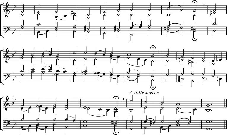 
\new ChoirStaff <<
  \new Staff { \clef treble \time 4/2 \key g \minor \partial 2 \set Staff.midiInstrument = "church organ" \omit Staff.TimeSignature \set Score.tempoHideNote = ##t \override Score.BarNumber  #'transparent = ##t 
  \relative c''
  << { g2 | g g fis d | g a bes bes | c( bes) a \fermata \breathe \bar"||" a \break
       bes c d4( c) bes2 | es es d4( c) d2 | c1 bes2 \fermata \breathe \bar"||" bes a g f d4( es) \break
       f2 f g f | es1 d2 \fermata \breathe \bar"||" d'2^\markup \italic "A little slower." | c2 bes a1 | g1. \bar"|." } \\
  { d2 | es bes4( c) d2 a | d d d d | d1 d2 fis |
    g a bes f | es f f bes4( a) | g2( f4 es) d2 d | e cis d a |
    d4( es) f( d) es2 d | d( c4 bes) a2 bes | es d d2.( c4) | bes1. } >>
  } 
\new Staff { \clef bass \key g \minor \set Staff.midiInstrument = "church organ" \omit Staff.TimeSignature
  \relative c'
  << { bes2 | c g a fis | g fis g4( a) bes2 | a( g) fis! d' |
       d es f4( es) d( c) | bes2 c bes bes | bes( a) f g | a a a f |
       bes bes bes bes4( a) | g1 fis2 g | g4( fis) g2 g( fis) | g1. } \\
  { g2 | c,4( d) es2 d c | bes d g, g' | fis( g) d \fermata d |
    g c bes aes | g a! bes4( a) g( f) | es2( f) bes, \fermata g' | cis, a d2. c4 |
    bes( c) d( bes) es2 bes | c1 d2 \fermata g, | a bes4( c) d1 | g,1. } >>
  } 
>>
\layout { indent = #0 }
\midi { \tempo 2 = 46 }
