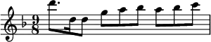 \relative d''' { \time 9/8 \key d \minor
d8. d,16 d8 g a bes a bes c }