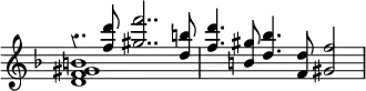 { \new Staff << \key f \major \time 3/2 \override Score.Rest #'style = #'classical \override Score.TimeSignature #'stencil = ##f
\new Voice \relative f'' { \stemUp
r4. <f d'>8 <gis f'>2.. <d b'>8 |
<f d'>4. <gis b,>8 <d bes'>4. <d f,>8 <f gis,>2 }
\new Voice \relative d' { <d f gis b>1*3/2 } >> }