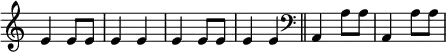 { \override Score.TimeSignature #'stencil = ##f \time 2/4 \relative e' { e4 e8 e | e4 e | e e8 e | e4 e \bar "||" \clef bass a,, a'8 a | a,4 a'8 a } }