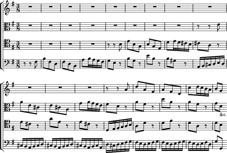 \new ChoirStaff << \override Score.BarNumber #'break-visibility = #'#(#f #f #f)
  \new Staff \relative a' { \key g \major \time 3/8
    R4.*12 r8 r a | d a fis | a fis d | c' d16 c b a | b8[ g] }
  \new Staff \relative e' { \key g \major \clef alto
    R4.*8 r8 r e | a e cis e cis a | g' a16 g fis e |
    fis8 d r | a' fis r | d' a r | a fis r | g[ d]_"&c." }
  \new Staff \relative b { \clef tenor \key g \major
    R4.*4 r8 r b | e b g | b g e | d' e16 d cis b | cis8 a r |
    e' cis r | a' e r | e cis r | d,16 e fis g a b | a8 d r |
    d fis r | d a r | d[ b] }
  \new Staff \relative f { \clef bass \key g \major
    r8 r fis | b fis d | fis d b | a' b16 a g fis | g8 e r | b' g r |
    e' b r | b gis r | a,16 b cis d e d | cis b a b cis d |
    cis b a b cis d | cis b a b cis a | d cis d e fis g |
    fis e d e fis g | fis e d e fis g | fis e d e fis d | g8[ g,] } >>