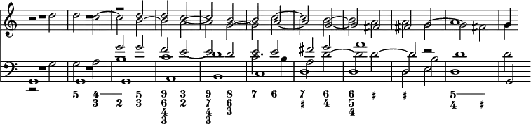 { \override Score.TimeSignature #'stencil = ##f << \new Staff { \time 2/2 << \new Voice { \relative d'' { \stemUp R1 R1 r2 d2 | d c ~ c b ~ | b a ~ | a g ~ | g fis | fis g | a1 | g4 } }
  \new Voice { \relative d'' { \stemDown r2 d | d c ~ | c b ~ | b a ~ | a g ~ | g c ~ | c b ~ | b a | a g ~ | g fis | g4 } } >> }
\new Staff { \clef bass << \new Voice { \relative g' { \stemUp R1 R1 | g2 g | f e ~ | e d | e e | fis g | a1 | d,2 r } }
  \new Voice { \relative g { \stemDown r2 g | g a | b1 c d c2. b4 | a2 d ~ d d ~ d b | d1 d2 } }
  \new Voice { \relative g, { g1 g g a b c d d d2 e d1 g,2 } }
  \figures { <_>1 <5>2 \bassFigureExtendersOn <4 3> <4 2> \bassFigureExtendersOff <5 3> <9 6 4 3> <3 2> <9 7 4 3> <8 6 3> <7> <6> <7 _+> <6 4> <6 5 4> <_+> <_+> <_> \bassFigureExtendersOn <5 4> <5 _+> }
>> } >> }