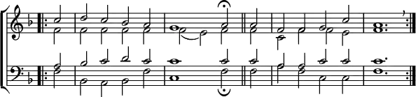 \new ChoirStaff <<
\new Staff { \clef treble \time 4/2 \key f \major \partial 2 \set Staff.midiInstrument = "church organ" \omit Staff.TimeSignature \set Score.tempoHideNote = ##t \override Score.BarNumber #'transparent = ##t
\relative c''
<< { \bar".|:" c2 | d c bes a | g1 a2 \fermata \bar"||" a | f f g c | a1. \breathe \bar":|." } \\
{ f2 | f f f f | f( e) f f | c f f e | f1. } >>
}
\new Staff { \clef bass \key f \major \set Staff.midiInstrument = "church organ" \omit Staff.TimeSignature
\relative c'
<< { a2 | bes c d c | c1 c2 c | a a c c | c1. } \\
{ f,2 | bes, a bes f' | c1 f2 \fermata f | a f c c | f1. } >>
}
>>
\layout { indent = #0 }
\midi { \tempo 2 = 56 }