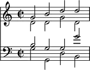 { << \new Staff \relative g' { \time 4/2 \set Staff.timeSignatureFraction = 2/2 
 << { g2 b d d } \\ { d, d g d } >> }
\new Staff \relative b { \clef bass \set Staff.timeSignatureFraction = 2/2
 << { b2 g g g' } \\ { g, g, d' b } >> } >> }