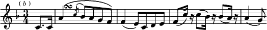 \relative c' { \key f \major \time 3/4 \partial 4 \mark \markup \tiny { ( \italic b ) } c8. c16 | << { a'4\( \acciaccatura c8 bes a g f\) } \\ { s8 s^\turn } >> | f4( e8) c d e | f( c'16) r c8( bes16) r bes8( a16) r | a4( g8) }