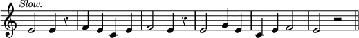 { \override Score.TimeSignature #'stencil = ##f \override Score.Rest #'style = #'classical \time 4/4 \tempo \markup { \medium \smaller \italic Slow. } \relative e' { e2 e4 r | f e c e | f2 e4 r | e2 g4 e | c e f2 | e r \bar "||" } }