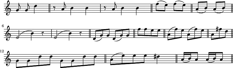 { \override Score.TimeSignature #'stencil = ##f \override Score.Rest #'style = #'classical \time 2/4 \relative g' { \autoBeamOff g8 g d'4 \bar "||"
 \time 3/4 r8 a b4 b | r8 a b4 b \bar "||"
 \time 2/4 f'8[( e]) f[( e]) \bar "||" 
 a,[( b]) a[( b]) \bar "||" \break
\time 4/4 e,2( b'4) r | e,2( b'4) r \bar "||"
 \autoBeamOn \time 6/8 d,8( g) g d( g) g \bar "||" 
\time 2/4 f'[ f e e] \bar "||" 
\time 6/8 a,( f') e a,( f') e \bar "||" 
\time 3/8 a, fis' d \bar "||" \break
 \time 4/4 g, g d' d g, g d' d \bar "||"
 \time 3/4 a( e') e e dis4 \bar "||"
 \time 2/4 a16( b) a8 a16( b) a8 \bar "||" } }