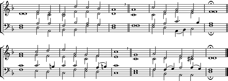 \new ChoirStaff <<
\new Staff { \clef treble \time 4/2 \key d \minor \set Staff.midiInstrument = "church organ" \omit Staff.TimeSignature \set Score.tempoHideNote = ##t \override Score.BarNumber #'transparent = ##t
\relative c'
<< { d1 f2 e | d d' c bes | a1 \breathe \bar"||" a | c2 f, a g | \time 2/2 f1 \fermata \bar"||" \break
\time 4/2 a c2 d | e a, g f | c'1 \breathe \bar"||" g | a2 d, f e | d1 \fermata \bar"|." } \\
{ d1 d2 c | bes f' f d | d1 c | c2 d f e | f1 |
f g2 f | e f c f | e1 c | c2 d d cis | d1 } >>
}
\new Staff { \clef bass \key d \minor \set Staff.midiInstrument = "church organ" \omit Staff.TimeSignature \override Staff.NoteHead.style = #'altdefault
\relative c
<< { f1 a2 a | f bes a g | f1 f | g2 a c2. bes4 | a1 |
c c2. b4 | c2 c g a4( b) | c1 e, | f2 f4( g) a2 a4( g) | f1 } \\
{ d1 d2 a | bes bes f' g | d1 f | e2 d a4( bes) c2 | f1 \fermata
f e2 d | c f e d | c1 c | f2 bes, a a | d1 \fermata } >>
}
>>
\layout { indent = #0 }
\midi { \tempo 2 = 56 }