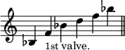 { \override Score.TimeSignature #'stencil = ##f \time 6/4 \relative b { bes4 f'_\markup { \smaller 1st valve. } bes d f bes \bar "||" } }