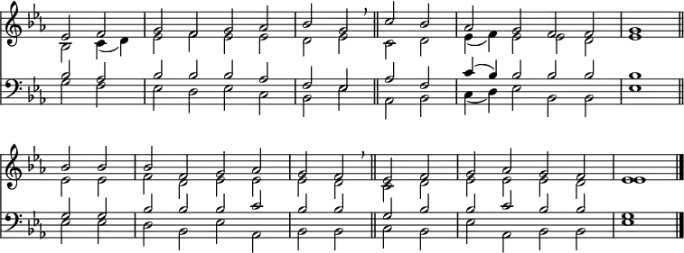 
<< <<
\new Staff { \clef treble \time 4/2 \partial 1 \key es \major \set Staff.midiInstrument = "church organ" \omit Staff.TimeSignature \set Score.tempoHideNote = ##t \override Score.BarNumber  #'transparent = ##t 
  \relative c'
  << {  es2 f | g f g aes | bes g \breathe \bar"||" c bes| aes g f f | g1 \bar"||" \break
  bes2 bes | bes f g aes | g f \breathe \bar"||" es f | g aes g f | es1 \bar"|." } \\
  { bes2 c4( d) | es2 f es es | d es c d | es4( f) es2 es d | es1
  es2 es | f d es es | es d c d | es es es d |es1 } >>
}
\new Staff { \clef bass \key es \major \set Staff.midiInstrument = "church organ" \omit Staff.TimeSignature
  \relative c'
  << { bes2 aes | bes bes bes aes | f es aes f | c'4( bes) bes2 bes bes | bes1
  g2 g | bes bes bes c |bes bes g bes | bes c bes bes | g1 } \\
  { g2 f | es d es c | bes es aes, bes | c4( d) es2 bes bes | es1
  es2 es | d bes es aes, |bes bes c bes | es aes, bes bes | es1 } >>
}
>> >>
\layout { indent = #0 }
\midi { \tempo 2 = 60 }

