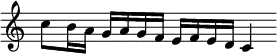 { \override Score.TimeSignature #'stencil = ##f \time 5/4
\relative c'' { c8 b16 a g a g f e f e d c4 } }