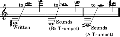 { \override Staff.TimeSignature #'stencil = ##f \cadenzaOn fis1_"Written"\glissando c'''^\markup { \halign #2.5 to } \parenthesize e'''4 \bar "||" e1_\markup { \center-column { Sounds "(B♭ Trumpet)" } }\glissando bes''^\markup { \halign #3 to } \parenthesize d'''4 \bar "||" dis1_\markup { \center-column { Sounds "(A Trumpet)" } }\glissando a''^\markup { \halign #2.5 to } \parenthesize cis'''4 \bar "||" }