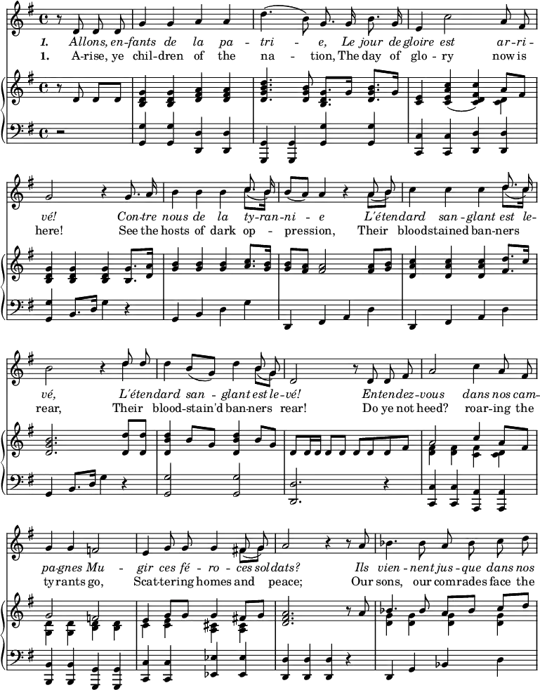 
\relative c'' {
  <<
    \new Voice = "anthem" {
       \omit Score.BarNumber
       \key g \major
       \autoBeamOff
       \partial 2
       r8 d,8 d d
       g4 g a a
       d4.( b8) g8. g16 b8. g16
       e4 c'2 a8 fis8
       g2 r4 g8. a16
       b4 b b << { \autoBeamOff \slurDown c8.( b16) } \\ { c8.[ b16] } >>
       b8[( a)] a4 r4 << { \autoBeamOff \slurDown a8( b) } \\ { a8[ b] } >>
       c4 c c << { \autoBeamOff \slurDown d8.( c16) } \\ { d8.[ c16] } >>
       b2 r4 << { \autoBeamOff d8 d } \\ { d4 } >>
       d4 b8[( g)] d'4 << { \autoBeamOff \slurDown b8( g) } \\ { b8[ g] } >>
       d2 r8 d8 d fis
       a2 c4 a8 fis
       g4 g f2
       e4 g8 g g4 << { \autoBeamOff \slurDown fis!8( g) } \\ { fis8[ g] } >>
       a2 r4 r8 a8
       bes4. bes8 a bes c d%last note causes an error
    }
    \new Lyrics \lyricmode {
      \set associatedVoice = #"anthem"
        \set stanza = \markup {\italic "1. "}
        \override LyricText #'font-shape = #'italic
        \skip8
        Al8 -- lons, en -- fants4 de la pa -- tri2 -- e,8.
        Le16 jour8. de16 gloire4 est2 ar8 -- ri -- vé!2
        \skip4 Con8. -- tre16 nous4 de la ty8. -- ran16 -- ni4 -- e
        \skip4 L'é8 -- ten -- dard4 san -- glant est8. le16 -- vé,2
        \skip4 L'é8 -- ten -- dard4 san -- glant est8 le8 -- vé!2
        \skip8 En8 -- ten -- dez -- vous2 dans4 nos8 cam -- pa4 -- gnes
        Mu2 -- gir4 ces8 fé -- ro4 -- ces8 sol -- dats?2
        \skip4. Ils8 vien4. -- nent8 jus -- que dans nos
    }
    \new Lyrics \lyricmode {
      \set associatedVoice = #"anthem"
        \set stanza = #"1. "
        \skip8
        A8 -- rise, ye chil4 -- dren of the na2 -- tion,8.
        The16 day8. of16 glo4 -- ry2 now8 is here!2
        \skip4 See8. the16 hosts4 of dark op -- pres -- sion,
        \skip4 Their blood -- stained ban -- ners rear,2
        \skip4 Their4 blood -- stain'd ban -- ners rear!2
        \skip8 Do8 ye not heed?2 roar4 -- ing8 the ty4 -- rants go,2
        Scat4 -- ter8 -- ing homes4 and peace;2
        \skip4. Our8 sons,4. our8 com -- rades face the
    }
    \new PianoStaff <<
      \new Staff {
       \key g \major
       \partial 2
        r8 d,8 d[ d]
        <b d g>4 q <d fis a> q
        <d g b d>4. <d g b>8 <b d g>8.[ g'16] <d g b>8.[ g16]
        <c, e>4 <c e a c>( <c d fis c'>) << { a'8 fis } \\ { <c d>4 } >>
        <b d g>4 q q <b g'>8. <d a'>16
        <g b>4 q q <a c>8. <g b>16
        <g b>8 <fis a> q2 q8 <g b>8
        <d a' c>4 q q <fis d'>8.[ c'16]
        <d, g b>2. <d d'>8[ q]
        <d b' d>4 b'8[ g] q4 b8[ g]
        d8[ d16 d] d8[ d] d[ d d fis]
        << { a2 c4 a8[ fis] } \\ { <d fis>4 q <c fis> <c d> } >>
        << { g'2 f } \\ { <g, d'>4 q <b d> q } >>
        << { e4 g8[ g] g4 fis!8[ g] } \\ { c,4 <c e> <a cis> q } >>
        <d fis a>2. r8 a'8
        << { bes4. bes8 a[ bes] c[ d] } \\ { <d, g>4 q q q } >>
      }
      \new Staff {
        \clef "bass"
        \key g \major
        \partial 2
        r2
        <g,, g'>4 q <d d'> q
        <g, g'> q <g' g'> q
        <c, c'> q <d d'> q
        <g g'> b8.[ d16] g4 r4
        g, b d g
        d, fis a d
        d, fis a d
        g, b8.[ d16] g4 r4
        <g, g'>2 q
        <d d'>2. r4
        <c c'>4 q <a a'> q
        <b b'> q <g g'> q
        <c c'> q <ees ees'> q
        <d d'> q q r4
        d g bes d
      }
    >>
  >>
}
