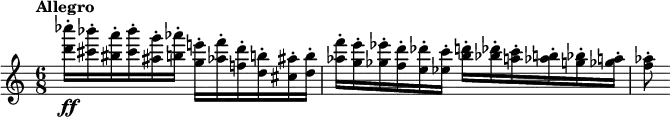 \new Staff \with {midiInstrument = "flute"} \relative c'' {
\time 6/8
\tempo "Allegro"
<d' ces'>16\staccato\ff <cis bes'>\staccato <bis a'>\staccato
<cis bes'>\staccato <ais g'>\staccato <b aes'>\staccato
<g e'!>\staccato <aes f'>\staccato <f! d'>\staccato
<d b'!>\staccato <cis ais'>\staccato <d b'>\staccato
<aes' f'>\staccato <g e'>\staccato <ges ees'>\staccato
<f d'>\staccato <e des'>\staccato <ees c'>\staccato
<b' d>\staccato <bes des>\staccato <a c>\staccato
<aes b>\staccato <g bes>\staccato <ges a>\staccato
<f aes>8\staccato
}