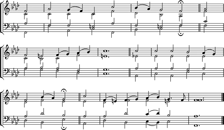 
\new ChoirStaff <<
  \new Staff { \clef treble \time 4/2 \partial 2 \key f \minor \set Staff.midiInstrument = "church organ" \omit Staff.TimeSignature \set Score.tempoHideNote = ##t \override Score.BarNumber  #'transparent = ##t 
  \relative c'
  << { f2 | aes g4( f) c2 c' | bes4( aes) g2 f \fermata \bar"||" aes \break
     f e f4( g) aes( bes) | c1. \bar"||" c2 | c c bes aes4( g) | \break
     f2 bes4( aes) g2 \fermata \bar"||" c | f,4( e) f( g) aes( bes) g4. f8 | f1. \bar"|."} \\
  { c2 | c c c f | des bes aes f'
  c bes c f | e1. es2 | es es es es |
  des f es es | des f f e! | f1. } >>
  } 
\new Staff { \clef bass \key f \minor \set Staff.midiInstrument = "church organ" \omit Staff.TimeSignature
  \relative c'
  << { aes2 | f f e aes | f e f c' |
     aes bes aes f | g1. aes2| aes aes g aes |
     aes des bes aes | aes des c4( des) bes2 | aes1.} \\
  { f,2 | f' aes, c f, | bes c f \fermata f |
  aes g f des | c1. aes2 | c aes es' c |
  des bes es \fermata aes, | des bes c4( bes) c2 | f,1. } >>
  } 
>>
\layout { indent = #0 }
\midi { \tempo 2 = 58 }
