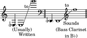 { \override Staff.TimeSignature #'stencil = ##f \cadenzaOn \accidentalStyle forget \parenthesize ees4_"(Usually)" e1_"Written"\glissando g'''^\markup { \halign #2.5 to } \bar "||" \clef bass \parenthesize des,4 d,1_\markup { \center-column { Sounds "(Bass Clarinet" "in B♭)" } }\glissando \clef treble f''^\markup { \halign #3 to } \bar "||" }