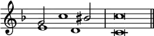 { \override Score.TimeSignature #'stencil = ##f \time 4/2 \key f \major \relative g' << { g2 c1 bis2 | c\breve \bar "||" } \\ { e,1 d | c\breve } >> }
