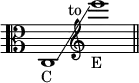 { \clef alto \override Staff.TimeSignature #'stencil = ##f \time 2/1 c1_"C"\glissando \clef treble e'''_"E"^\markup { \halign #2.5 to } \bar "||" }