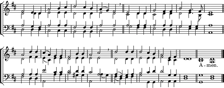 
\new ChoirStaff <<
  \new Staff { \clef treble \time 2/2 \key d \major \set Staff.midiInstrument = "church organ" \omit Staff.TimeSignature \set Score.tempoHideNote = ##t \override Score.BarNumber  #'transparent = ##t 
  \relative c'
  << { fis2 e4 d | a'2 b4 cis | d2 cis4 b | a( g) fis2 \bar"||" \breathe e d4 d | g2 fis4 fis | b2 g4. fis8 | e1 \bar"||" \break
     a2 d4 d | cis( a) g g | fis2 b4 b | a2 cis \bar"||" \breathe d d4 d | d2 cis4 b | a2 e4 fis | d1 \bar"||" \time 4/2 d d \bar"|."} \\
  { d2 d4 d | e2 e4 e | d2 d4 d | e2 d | cis d4 d | cis2 d4 d | d2 e4. b8 | cis1 
  d2 fis4 fis | e( cis) e e | d2 e4 e | e2 e | d d4 d | e2 e4 e | fis2 cis4 cis | d1 | b a } >>
  } 
\addlyrics {_ _ _ _ _ _ _ _ _ _ _ _ _ _ _ _ _ _ _ _ _ _
            _ _ _ _ _ _ _ _ _ _ _ _ _ _ _ _ _ _ _ _ _ _ A -- men.}
\new Staff { \clef bass \key d \major \set Staff.midiInstrument = "church organ" \omit Staff.TimeSignature
  \relative c'
  << { a2 g4 fis | a2 a4 a | fis2 fis4 fis | a2 a | a a4 a | a2 a4 a | g2 g4 g | a1
     a2 a4 a | e'2 cis4 cis | d2 d4 d | cis2 a | a4( fis) g a | b2 cis4 d | d2 g,4 g | fis1 | g fis } \\
  { d2 d4 d | cis2 cis4 cis | b2 b4 b | cis2 d | g fis4 fis | e2 d4 d | g2 e4 e | a,1
  fis'2 d4 d | a2 a'4 a | b2 gis4 gis | a,2 a'4( g) | fis( d) e fis | g2 g,4 g | a2 a4 a | d1 | g, d' } >>
  } 
>>
\layout { indent = #0 }
\midi { \tempo 2 = 76 }
