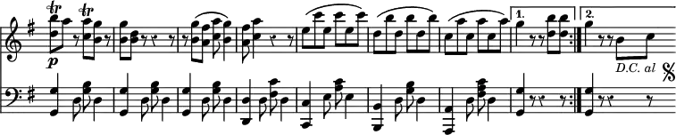 { \override Score.Rest #'style = #'classical \override Score.TimeSignature #'stencil = ##f \time 6/8 \key g \major << \relative d'' { \repeat volta 2 { <d b'>8\trill\p a' r <c, a'>\trill <b g'> r | q <b d> r r4 r8 | r <b g'>\( <a fis'> <c a'> <b g'>4\) | <a fis'>8 <c a'>4 r r8 | e\( c' e, c' e, c'\) | d,\( b' d, b' d, b'\) | c,\( a' c, a' c, a'\) | }
\alternative { { g4 r8 r <b d,> <b d,> } { g4 r8 r b,(_\markup { \smaller \italic "D.C. al " \musicglyph #"scripts.segno" } c \bar ".|." } } }
\new Staff { \clef bass \key g \major \relative g { \repeat volta 2 { <g g,>4 d8 <g b> d4 | <g g,>4 d8 <g b> d4 | <g g,> d8 <g b> d4 | <d d,> d8 <fis c'> d4 | <c c,> e8 <a c> e4 | <b b,> d8 <g b> d4 | <a a,> d8 <fis a c> d4 | }
\alternative { { <g g,> r8 r4 r8 } { <g g,>4 r8 r4 r8 } }
} } >> }