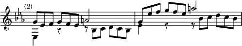 \relative g' { \override Score.TimeSignature #'stencil = ##f \override Score.Rest #'style = #'classical \time 4/4 \key c \minor \mark \markup \small "(2)"
<< { \override TupletNumber #'stencil = ##f \override TupletBracket #'bracket-visibility = ##f \tuplet 3/2 4 { g8 ees f g f ees } a2 |
\tuplet 3/2 4 { g8 ees' f g f ees } a2 } \\
{ \override TupletNumber #'stencil = ##f \override TupletBracket #'bracket-visibility = ##f ees,,4 r \tuplet 3/2 4 { r8 bes' c d c bes } |
ees4 r \tuplet 3/2 4 { r8 bes' c d c bes } } >> }