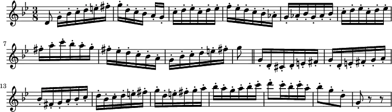 
\new Staff \with {midiInstrument = "flute"} \relative c'' {
  \key bes \major
  \time 3/8
  \partial 8 d,8 \bar ""
  g16\staccato bes\staccato c\staccato d\staccato e\staccato fis\staccato
  \autoBeamOff
  g[\staccato d\staccato c\staccato bes]\staccato a[\staccato g]\staccato
  \autoBeamOn
  c\staccato d\staccato ees\staccato c\staccato d\staccato ees\staccato
  f\staccato ees\staccato d\staccato c\staccato bes\staccato aes\staccato
  g\staccato aes\staccato bes\staccato g\staccato aes\staccato bes\staccato
  c\staccato d\staccato ees\staccato c\staccato d\staccato ees\staccato
  fis\staccato a\staccato c\staccato bes\staccato a\staccato g\staccato
  fis\staccato ees\staccato d\staccato c\staccato bes\staccato a\staccato
  g\staccato bes\staccato c\staccato d\staccato e\staccato fis\staccato
  \partial 8 g8 \bar "||"
  g,16\staccato d\staccato cis\staccato d\staccato e\staccato fis\staccato
  g\staccato d\staccato e\staccato fis\staccato g\staccato a\staccato
  bes\staccato fis\staccato g\staccato a\staccato bes\staccato c\staccato
  d\staccato bes\staccato c\staccato d\staccato e\staccato fis\staccato
  g\staccato d\staccato e\staccato fis\staccato g\staccato a\staccato
  bes\staccato a\staccato g\staccato a\staccato bes\staccato c\staccato
  d8\staccato c16\staccato bes\staccato c\staccato a\staccato
  bes8\staccato g\staccato d\staccato
  g,\staccato r r
}

