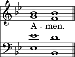 
<< <<
\new Staff { \clef treble \time 4/2 \key bes \major \set Staff.midiInstrument = "church organ" \omit Staff.TimeSignature
  \relative c'' {
  << { bes1 bes \bar"||" } \\ { g f } >> }
}
\new Lyrics \lyricmode {
A -- men.
}
\new Staff { \clef bass \key bes \major \set Staff.midiInstrument = "church organ" \omit Staff.TimeSignature
  \relative c' {
  << { es1 d } \\ { es,1 bes } >> }
}
>> >>
\layout { indent = #0 }
\midi { \tempo 2 = 90 }
