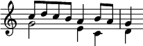 \relative c'' { \key c \major \time 2/2 \override Score.TimeSignature #'stencil = ##f << { c8 d c b a4 b8 a | g4 } \\ { g2 e4 c | d } >> }