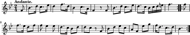 { \relative f' { \key bes \major \time 2/4 \partial 8 \tempo "Andante."
\repeat volta 2 {
f8 | bes8. d16 c8. ees16 | d4 f8. d16 | bes4 c8. a16 | f4 r8 f |%e1
bes8. d16 c8. ees16 | d8. c16 bes c d e | f4. }
\repeat volta 2 { f8 | f8. ees16 d8 f | %end line 2
f8 ees4 ees8 | d8. c16 bes8 d | d c r f, |
bes d ees c | a f ees' g | f16 d8. c8. d16 | bes4. } } }