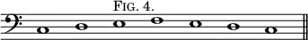 { \clef bass \override Score.TimeSignature #'stencil = ##f \time 8/1 c1 d e^\markup \caps "Fig. 4." f e d c \bar "||" }