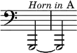 { \override Score.TimeSignature #'stencil = ##f \clef bass \partial 2 g,,2^\markup { \smaller { \italic "Horn in" } A } ~ g,, }
