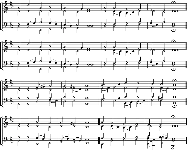 
\new ChoirStaff <<
  \new Staff { \clef treble \time 4/2 \key d \major \set Staff.midiInstrument = "church organ" \omit Staff.TimeSignature \set Score.tempoHideNote = ##t \override Score.BarNumber  #'transparent = ##t 
  \relative c''
  << { a2 d a b | a2. g4 fis1 \bar"||" a2 a g fis | e e d1\fermata \bar"||" \break
       a'2 d a b | a2. g4 fis1 \bar"||" a2 a g fis | e e d1\fermata \bar"||" \break
       e2 e fis4( gis) a2 | a gis a1 \bar"||" b2. cis4 d2 d | cis cis b1 \fermata \bar"||" \break
       fis2 fis b a | a gis a1 \bar"||" b2 a g fis | e e d1 \fermata \break
       \bar"|." } \\
  { d2 d d d | d cis d1 | d2 d4( cis) b( cis) d2 | d cis d1
    d2 d d d | d cis d1 | d2 d4( cis) b( cis) d2 | d cis d1
    cis2  cis d cis | fis e4( d) cis1 | e4( fis) g2 fis fis | fis fis4( e) d1
    d2 d d cis | d d cis1 | d2 d4( cis) b( cis) d2 | d cis d1 } >>
  } 
\new Staff { \clef bass \key d \major \set Staff.midiInstrument = "church organ" \omit Staff.TimeSignature  
  \relative c
  << { fis2 fis4( g) a2 g4( fis) | e( d) e2 d1 | fis2 fis g a | b a fis1
       fis2 fis4( g) a2 g4( fis) | e( d) e2 d1 | fis2 fis g a | b a fis1
       a2 a a a | b b a1 | g2. a4 b2 b | b ais b1 
       a2 a g4( fis) e2 | d4( fis) e( d) e1 | g2 fis g a | b a4( g) fis1 } \\
  { d2 b fis g | a a d1 | d2 d e fis | g4( e) a2 d,1 \fermata
    d2 b fis g | a a d1 | d2 d e fis | g4( e) a2 d,1 \fermata
    a2 a d fis4( e) | d2 e a,1 | e'2 e b4( cis) d( e) | fis2 fis b,1 \fermata
    d2 d g, a | b b a1 | g2 d' e fis | g4( e) a2 d,1 } \\
        \teeny \stemDown \shiftOff { s1 s | s s | s s | s s
         s s | s s | s s | s s 
         s s | s s | s s | s s
         s s | s s | s s | g,4_( e) a2 d,1 _\fermata } >>
  } 
>>
\layout { indent = #0 }
\midi { \tempo 2 = 66 }
