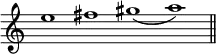 { \override Score.TimeSignature #'stencil = ##f \time 4/1
e''1 fis'' gis''_( a'') \bar "||" }