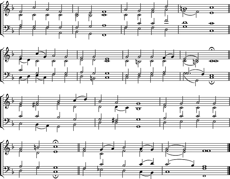 
\new ChoirStaff <<
  \new Staff { \clef treble \time 4/2 \key f \major \set Staff.midiInstrument = "church organ" \omit Staff.TimeSignature \set Score.tempoHideNote = ##t \override Score.BarNumber  #'transparent = ##t 
  \relative c'
  << { f2 c' a f | d e f1 | a2 g a d | b1 c \bar"||" \break
       g2 c4( g) a2 g | f g e1 | g2 g g f4( g) | e2( d) c1 \fermata \bar"||" \break
       g'2 a bes c4( d) | bes2 a g1 | f2 g a g | \break
       a b c1 \fermata \bar"||" a2 g4( a) bes2 a4( g) | a2( g) f1 \bar"|." } \\
  { c2 c c c | bes bes c1 | c2 c f a | g( f) e1 |
    e4( d) c2 c c | d d c1 | c2 b c c | c( b) c1
    e2 fis g d | d d4( c) bes1 | d2 c c c |
    f d e1 | f2 c f f | f( e) f1 } >>
  } 
\new Staff { \clef bass \key f \major \set Staff.midiInstrument = "church organ" \omit Staff.TimeSignature \override Staff.NoteHead.style = #'altdefault
  \relative c'
  << { a2 g f f | f g a1 | f2 c' c f | d1 c |
       c2 g f g | a g g1 | e2 f g a | g2.( f4) e1 |
       c'2 c bes g | g fis g1 | a2 c c c |
       a g g1 | f2 c' bes c4( d) | c2.( bes4) a1 } \\
  { f2 e f a, | bes g f1 | f'2 e f d | g1 c, |
    c4( d) e( c) f2 e | d b c1 | c2 d e f | g( g,) c1 \fermata
    c2 bes4( a) g2 bes | d d g,1 | d'2 e f e |
    d g c,1 \fermata | f2 es d c4( bes) | c1 f } \\
       \tiny \override NoteColumn.force-hshift = #0.1
             { s1 s1 | s1 s1 | s1 s1 | s1 s1 |
               s1 s1 | s1 s1 | s1 s1 | s1 s1 |
               s1 s1 | s1 s1 | s1 s1 | 
               s1 s1 | s1 s1 | s1 f,1 } >>
  } 
>>
\layout { indent = #0 }
\midi { \tempo 2 = 60 }
