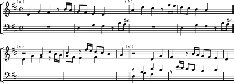 \new ChoirStaff << \override Score.BarNumber #'break-visibility = #'#(#f #f #f) \override Score.Rest #'style = #'classical
\new Staff = "up" \relative d' { \key d \major \time 4/4 \mark \markup \tiny { (\italic"a") }
d4 g fis r8 b16 a | g8 fis e4 d s \bar "||" \mark \markup \tiny { (\italic"b") }
a'4 d cis r8 fis16 e | d8 cis b4 a s \bar "||" \mark \markup \tiny { (\italic"c") } \stemUp \omit Score.TimeSignature
r2 a4 d | cis r8 fis16 e d8 cis b4 | \time 1/4 a \bar "||" \mark \markup \tiny { (\italic"d") } \stemNeutral \time 4/4
r2 d,4 g | fis r8 b16 a g8 fis e4 | d }
\new Staff = "down" \relative d { \clef bass \key d \major
R1 | d4 g fis r8 b16 a^"&c." |
R1 | d,4 g fis r8 b16 a^"&c." | \change Staff = "up" \stemDown
d4 g fis r8 b16 a | g8 fis e4 fis s | s \change Staff = "down" \stemNeutral
<< { r4 a, d cis | r8 fis16 e d8 cis b4 cis | s } \\
{ d,4 g fis } >> } >>