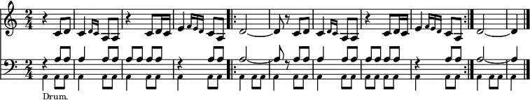 << \new Staff { \key a \minor \time 2/4 \relative c' { r4 c8 d | \afterGrace c4 { d16[ c] } a8 a | r4 c8 d16 c | \afterGrace e4 { f16[ e d] } c8 a 
  \repeat volta 2 { d2 ~ d8 r c d |
    \afterGrace c4 { d16[ c] } a8 a | r4 c8 d16 c |
    \afterGrace e4 { f16[ e d] } c8 a }
  d2 ~ d4 \bar "|." } }
\new Staff << \clef bass \key a \minor \new Voice { \stemUp r4 a8 a | a4 a8 a | a a a a | r4 a8 a | a2 ~ a8 r a a | a4 a8 a | a a a a | r4 a8 a | a2 ~ a4 }
\new Voice { \set midiInstrument = #"woodblock" \relative a, { \tiny \stemDown a4_"Drum." a8 a \repeat unfold 6 { a4 a8 a } a8 a a a | a4 a8 a | a4 a8 a | a4 } } >> >>