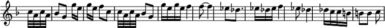{ \relative c'' { \override Score.BarNumber #'break-visibility = #'#(#f #f #f) \override Score.TimeSignature #'stencil = ##f \time 3/8 \partial 8 \key f \major 
  c32 a c a | bes8[ g] g'16 e g e | f8[ c] c32 a c a |
  bes8[ g] g'16[ e g e] | f4 f8 ~ | %end line 1
  f4 ees8 | des8. ees16 des ees | f4 ees8 |
  des4 des16 c | c b b8[ b] | c } }