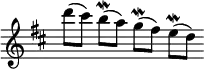 { \override Score.TimeSignature #'stencil = ##f \time 6/4 \key d \major \relative d''' { d8[( cis]) b\mordent([ a)] g\mordent([ fis)] e\mordent([ d)] } }
